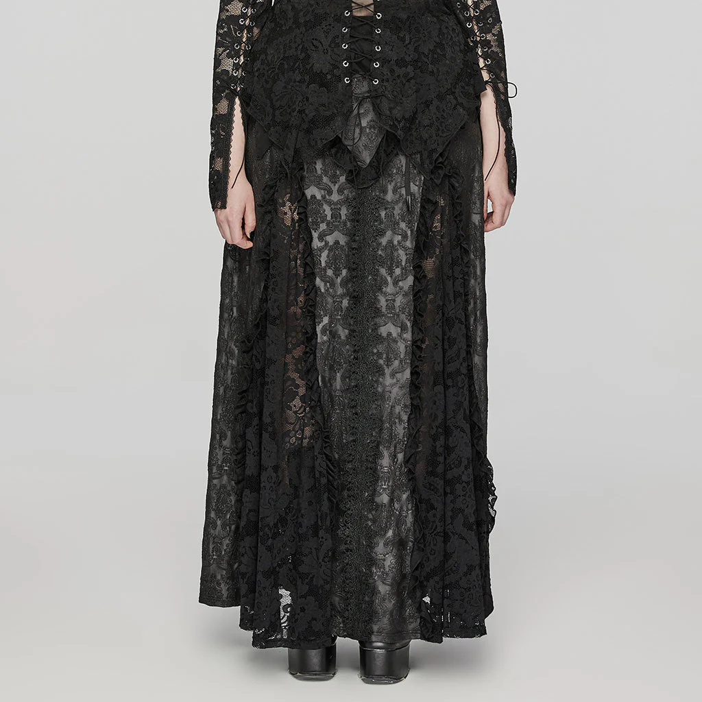 DQ-744BQF Gothic Lace Overlay Asymmetrical Maxi Skirt - Image 11