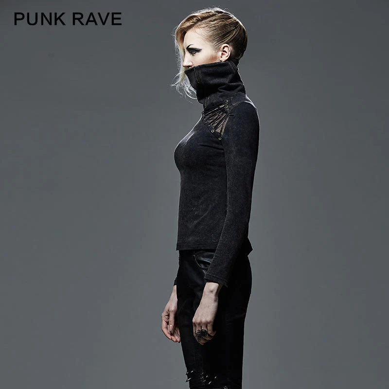 T-404 Drawstring Hollow-out Club Elastic Punk Shirts With Standing Collar - Image 3