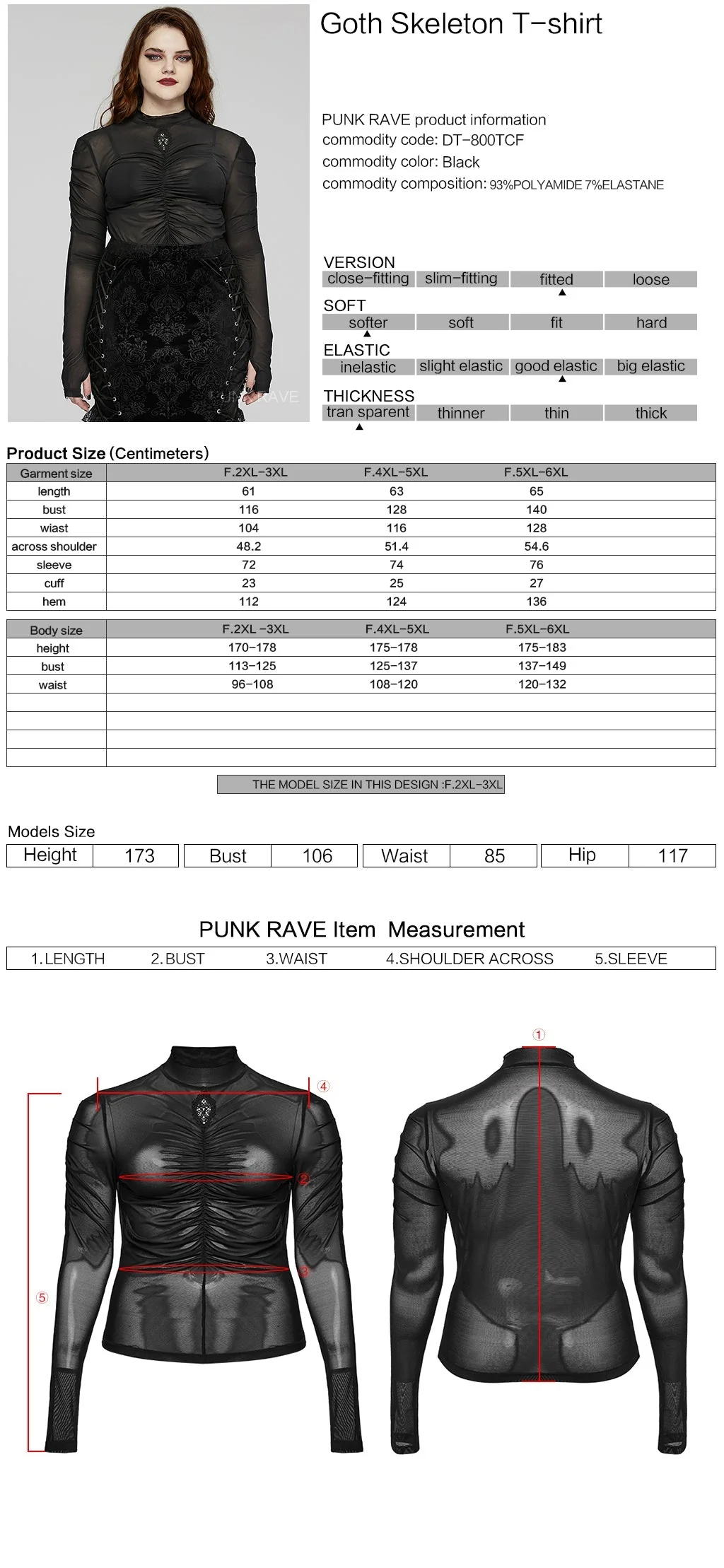 DT-800TCF Gothic Ruched Skeleton Sheer Long Sleeve T-Shirt - Image 12