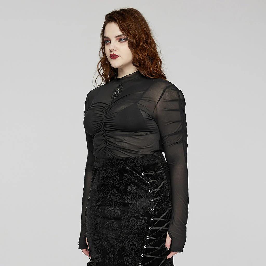 DT-800TCF Gothic Ruched Skeleton Sheer Long Sleeve T-Shirt - Image 3