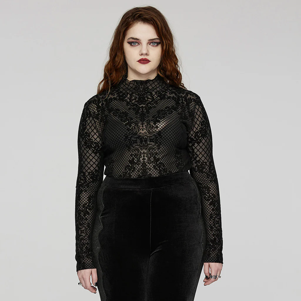 DT-832TCF Gothic T-Shirts Women??????????????????????????????????¡ì???????????????o????????????????????????????????¡ì??????????????????????????????????????????????¡ì???????????????s Black Lace Mesh Long Sleeve Top