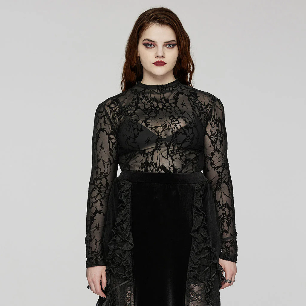 DT-834TCF Gothic Black Lace Mesh Floral Long Sleeve T-Shirt