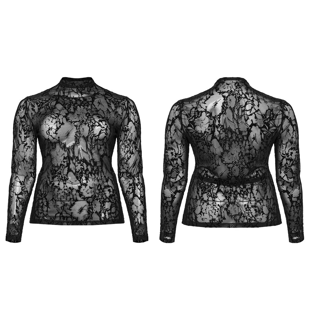 DT-834TCF Gothic Black Lace Mesh Floral Long Sleeve T-Shirt - Image 6