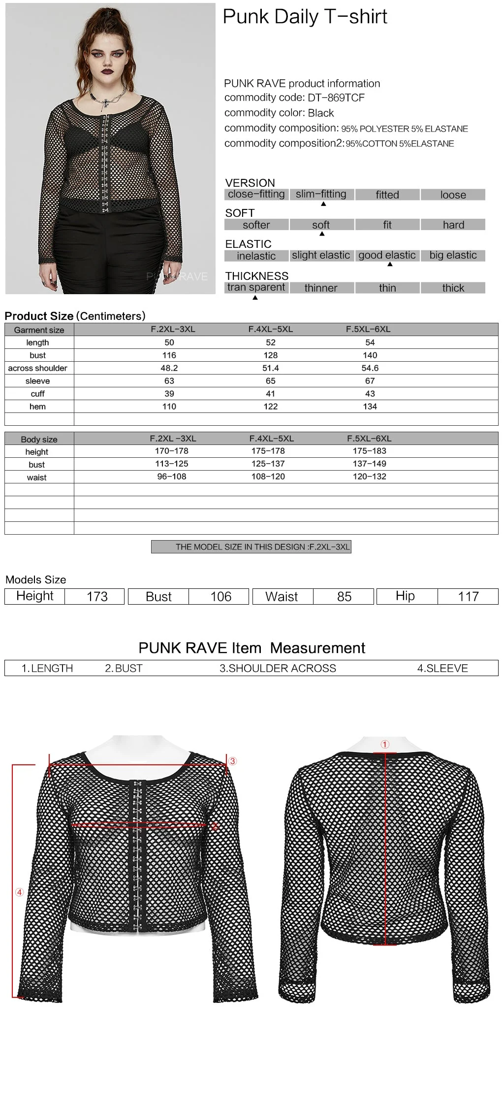 DT-869TCF Fishnet Mesh Punk Shirt Gothic Black Long Sleeve Top - Image 2