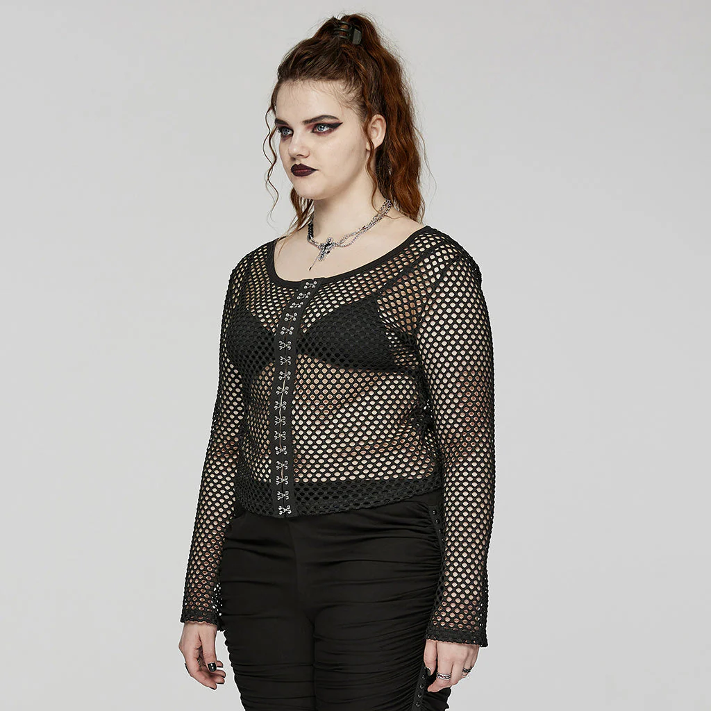DT-869TCF Fishnet Mesh Punk Shirt Gothic Black Long Sleeve Top - Image 22