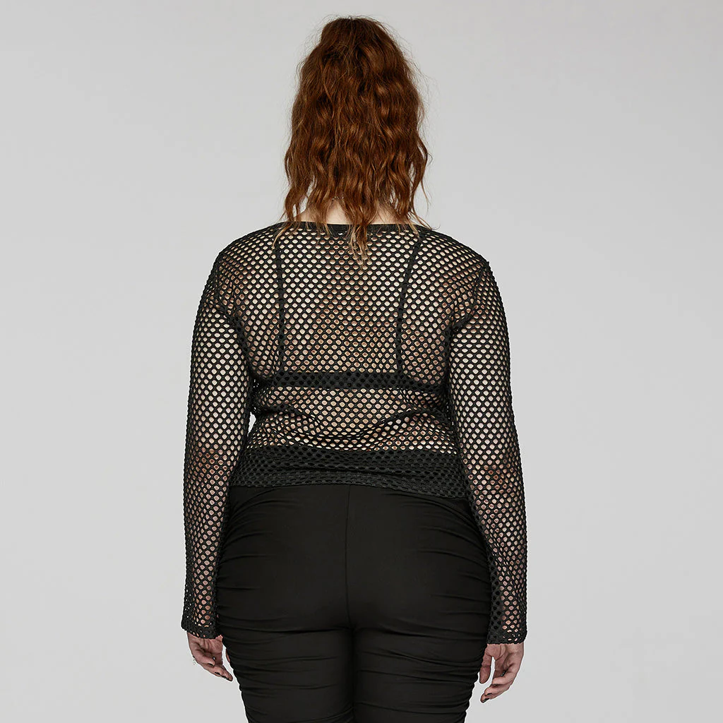 DT-869TCF Fishnet Mesh Punk Shirt Gothic Black Long Sleeve Top - Image 4