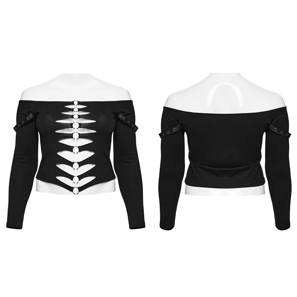 DT-875TCF Off-Shoulder Cutout Buckle Design Punk T-Shirts - Image 24