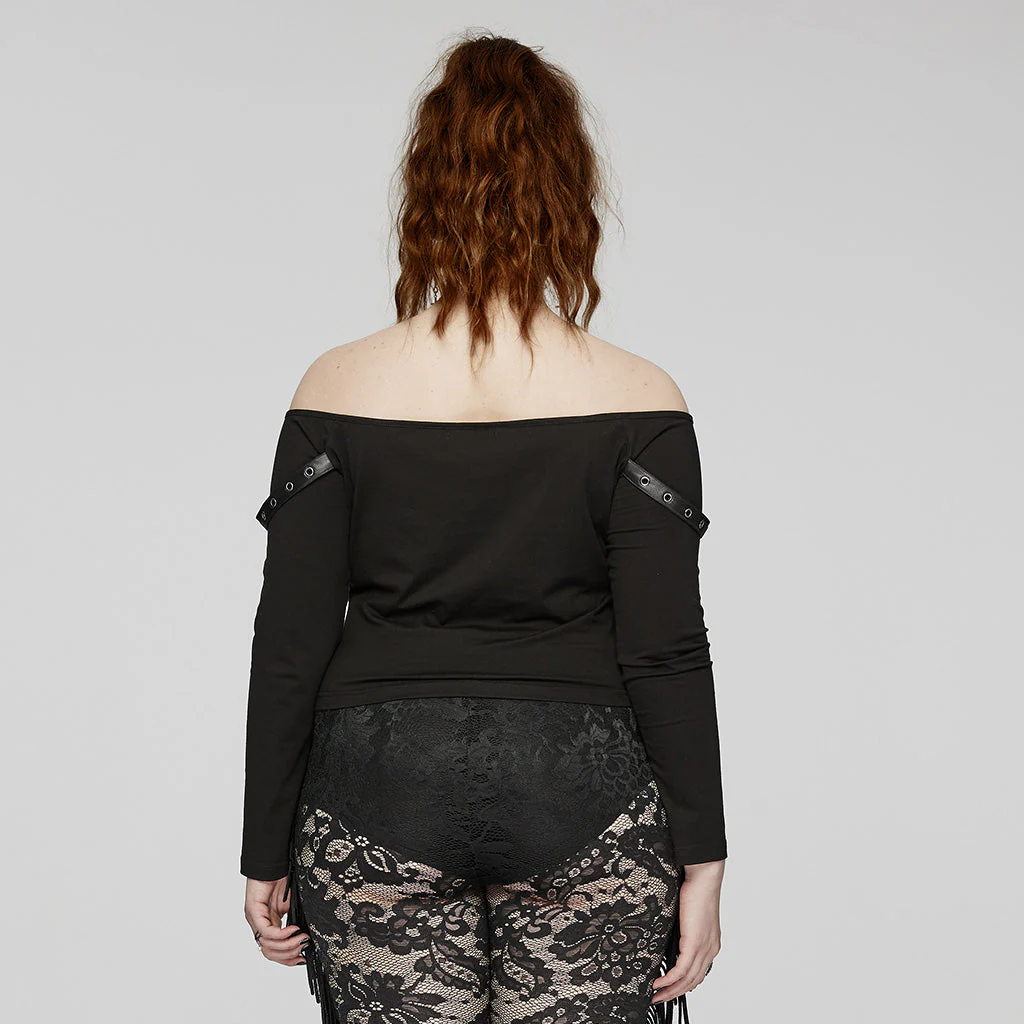 DT-875TCF Off-Shoulder Cutout Buckle Design Punk T-Shirts - Image 4