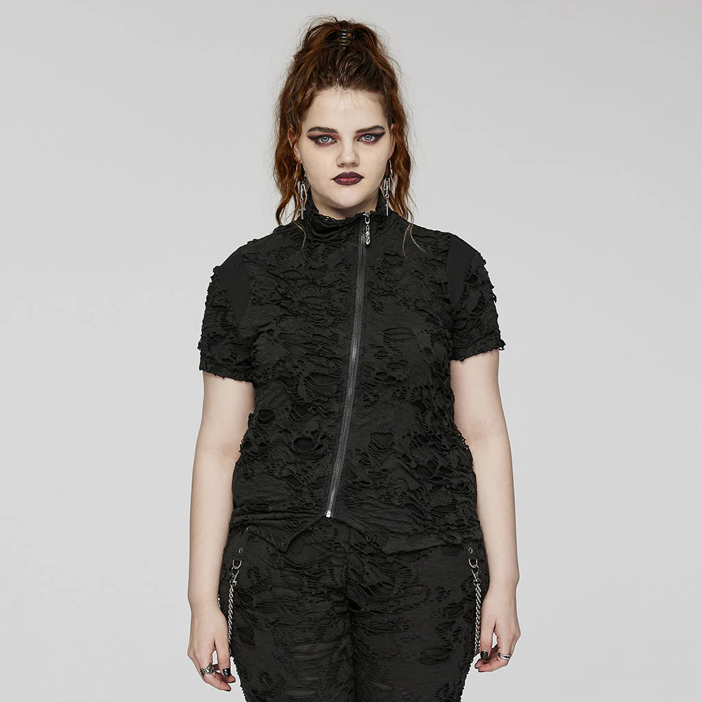 DT-878TDF Edgy Black Textured Zip-Up Punk T-Shirt - Image 21