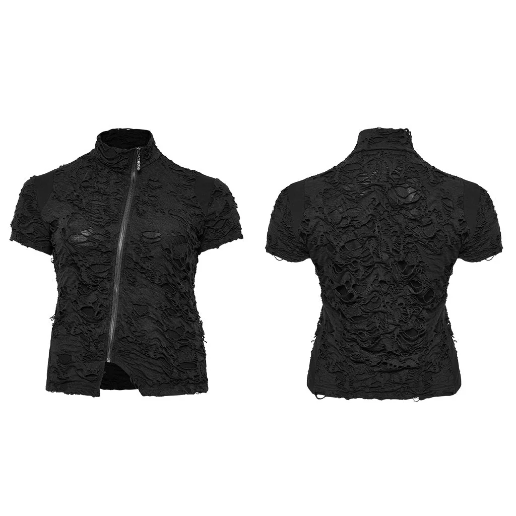 DT-878TDF Edgy Black Textured Zip-Up Punk T-Shirt - Image 6