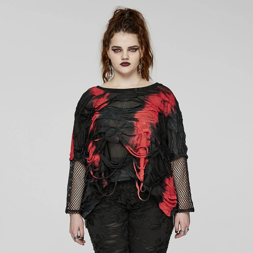 DT-905TCF Edgy Tie-Dye Mesh Sleeve Punk T-Shirts - Image 11
