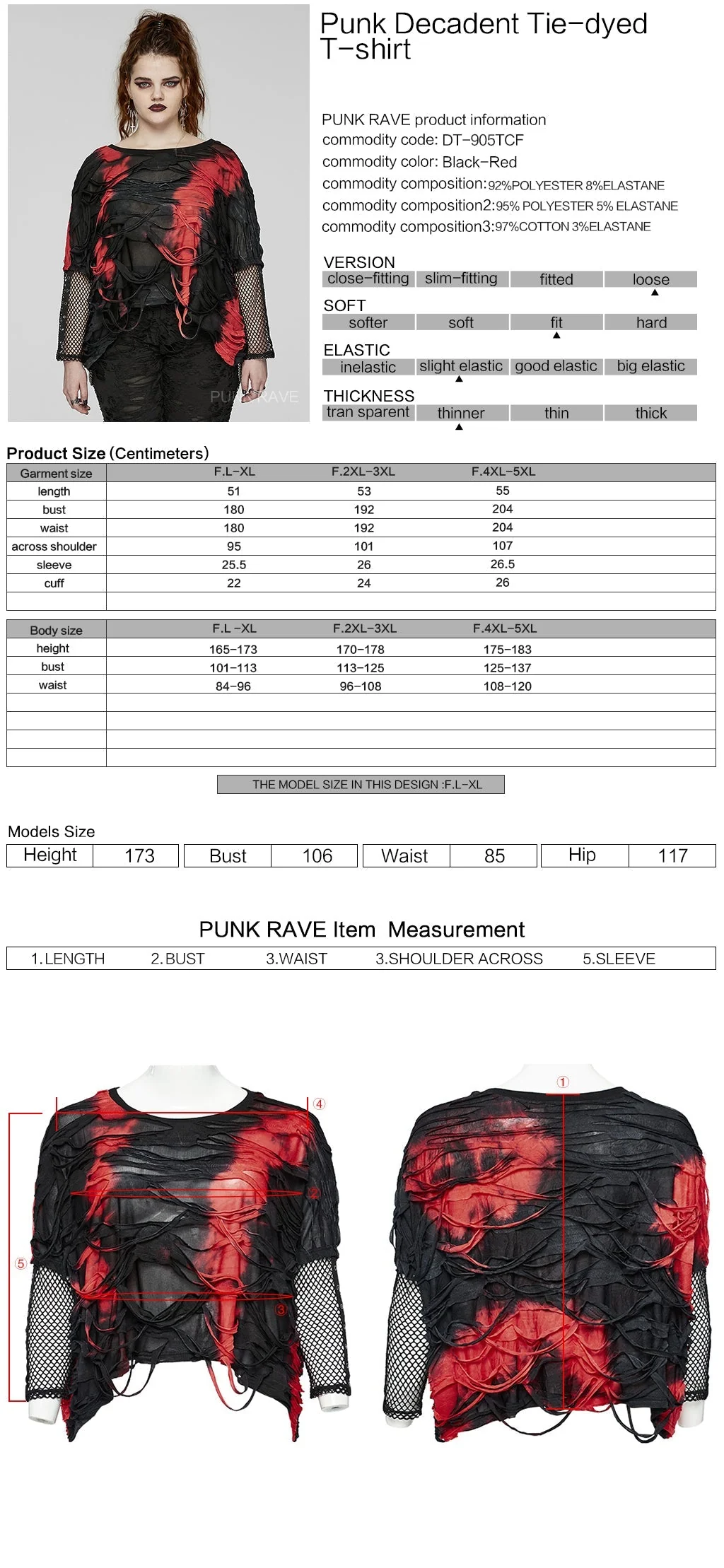 DT-905TCF Edgy Tie-Dye Mesh Sleeve Punk T-Shirts - Image 12