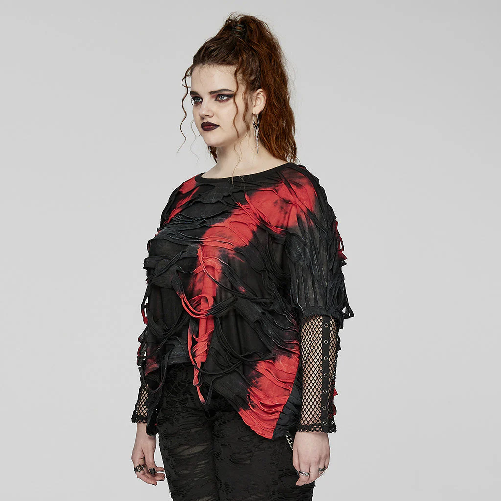 DT-905TCF Edgy Tie-Dye Mesh Sleeve Punk T-Shirts - Image 23