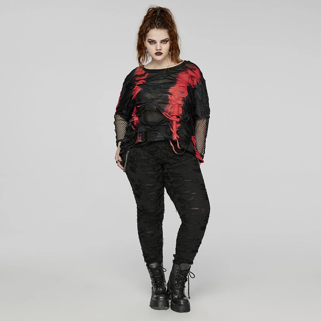 DT-905TCF Edgy Tie-Dye Mesh Sleeve Punk T-Shirts - Image 25