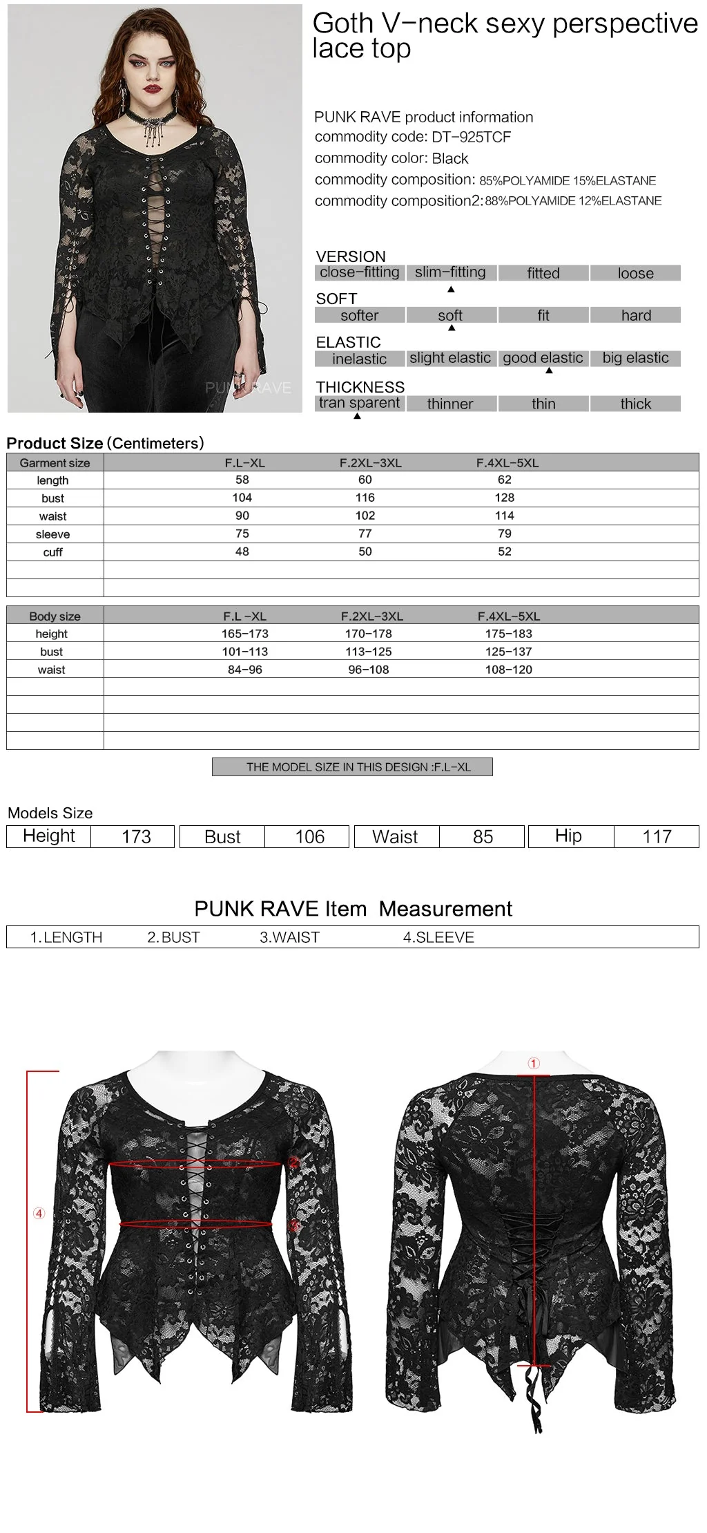 DT-925TCF Gothic Lace Top V-Neck Irregular Hem Design Shirt - Image 2