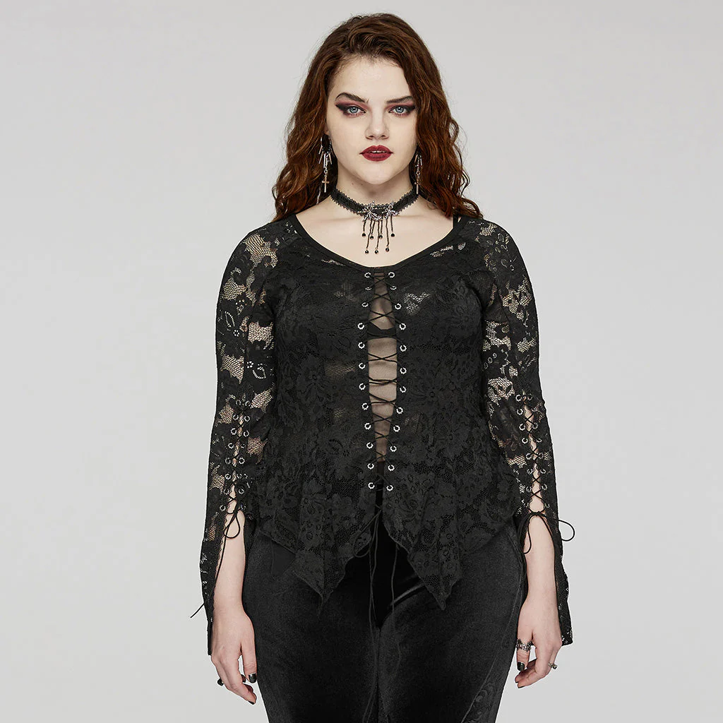 DT-925TCF Gothic Lace Top V-Neck Irregular Hem Design Shirt - Image 20