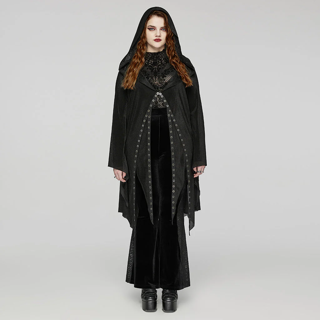 DY-1627XCF Gothic Hooded Cardigan Black Asymmetrical Lace-Up Design