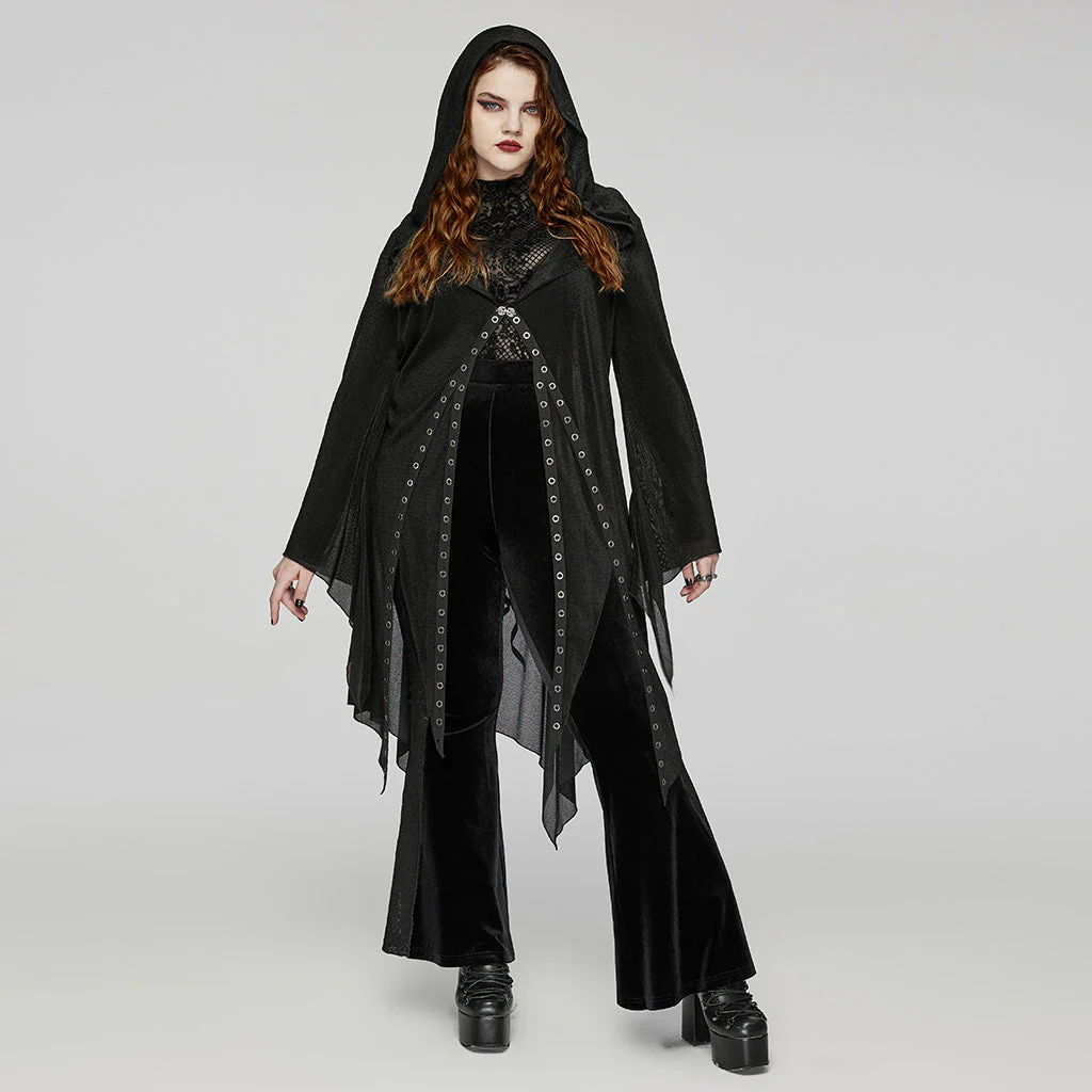 DY-1627XCF Gothic Hooded Cardigan Black Asymmetrical Lace-Up Design - Image 5