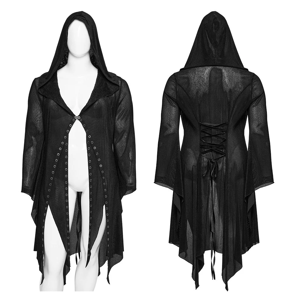 DY-1627XCF Gothic Hooded Cardigan Black Asymmetrical Lace-Up Design - Image 6