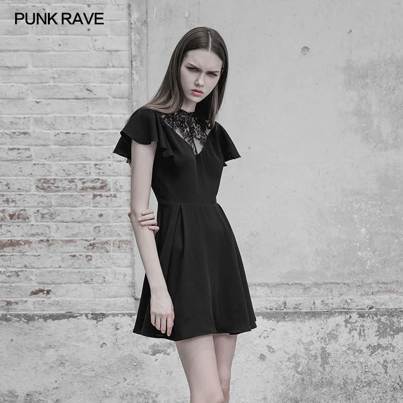 OPQ-333 Elegant Lace Stitching Chiffon V-collar Gothic Dress - Image 2