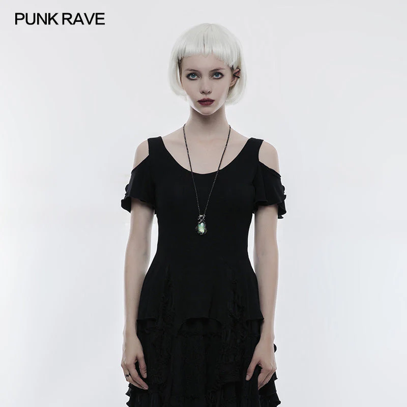 OT-499 Elegant Short Sleeves Gothic T-shirt With Broken Lace