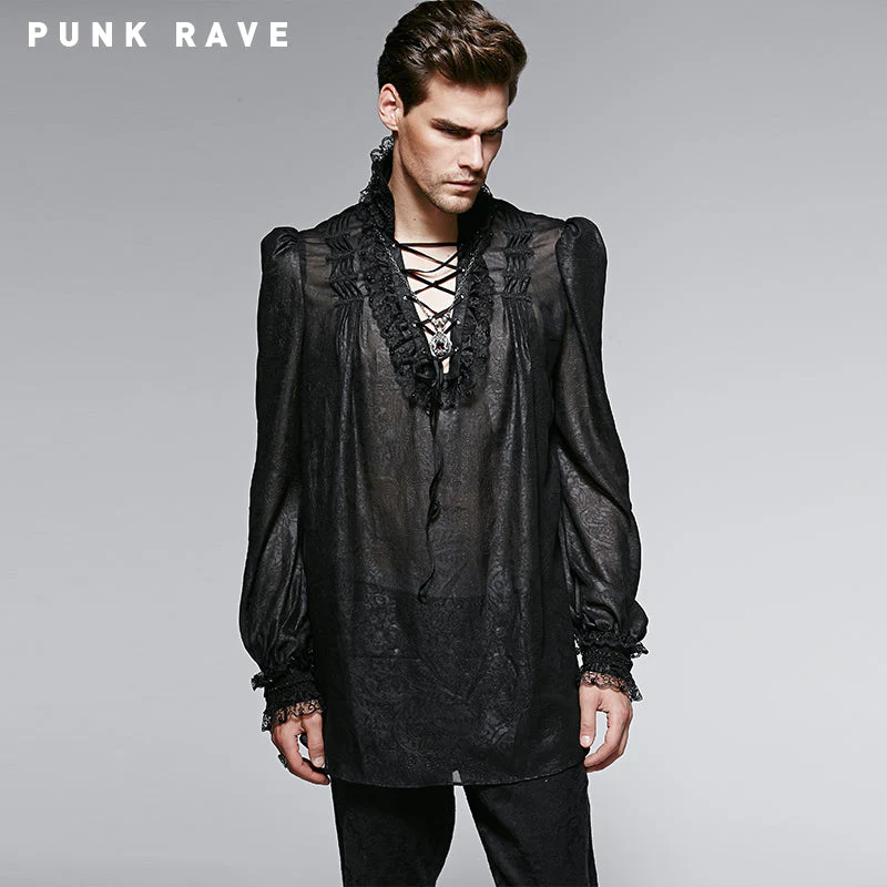 Y-568 Embossing Chiffon Gothic Shirt With Ruffled Long Sleeves