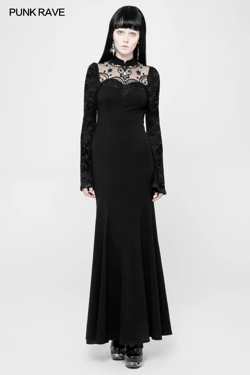 OQ-369 Exquisite Lace Knitted Gothic Dress With Front Semi-Transparent Stand Collar Design - Image 6