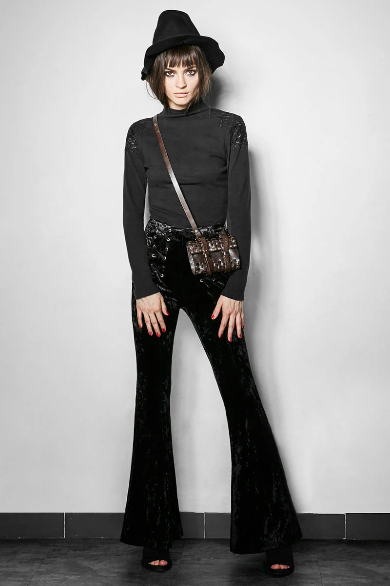 PK-104 Fancy Design Flower Velvet Women Flared Gothic Pants - Image 6