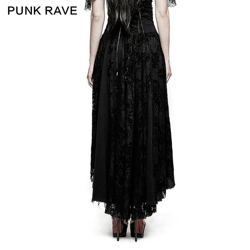 Q-313 Fancy Palace black High Waist Flower Embroidery High Low Gothic Skirt - Image 3