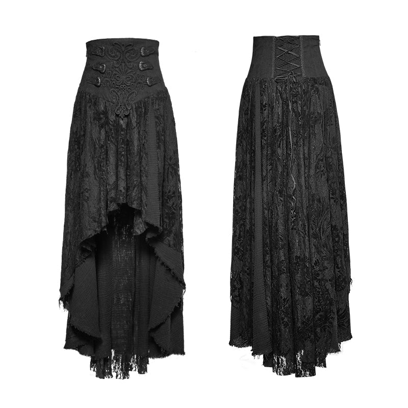 Q-313 Fancy Palace black High Waist Flower Embroidery High Low Gothic Skirt - Image 4
