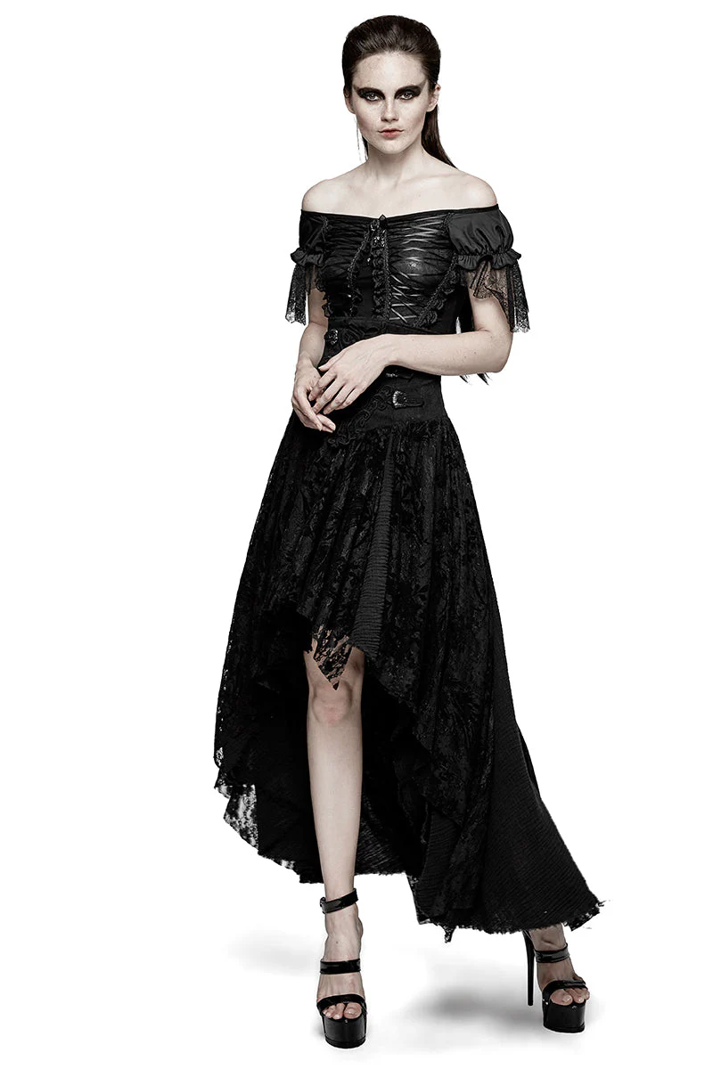 Q-313 Fancy Palace black High Waist Flower Embroidery High Low Gothic Skirt - Image 6