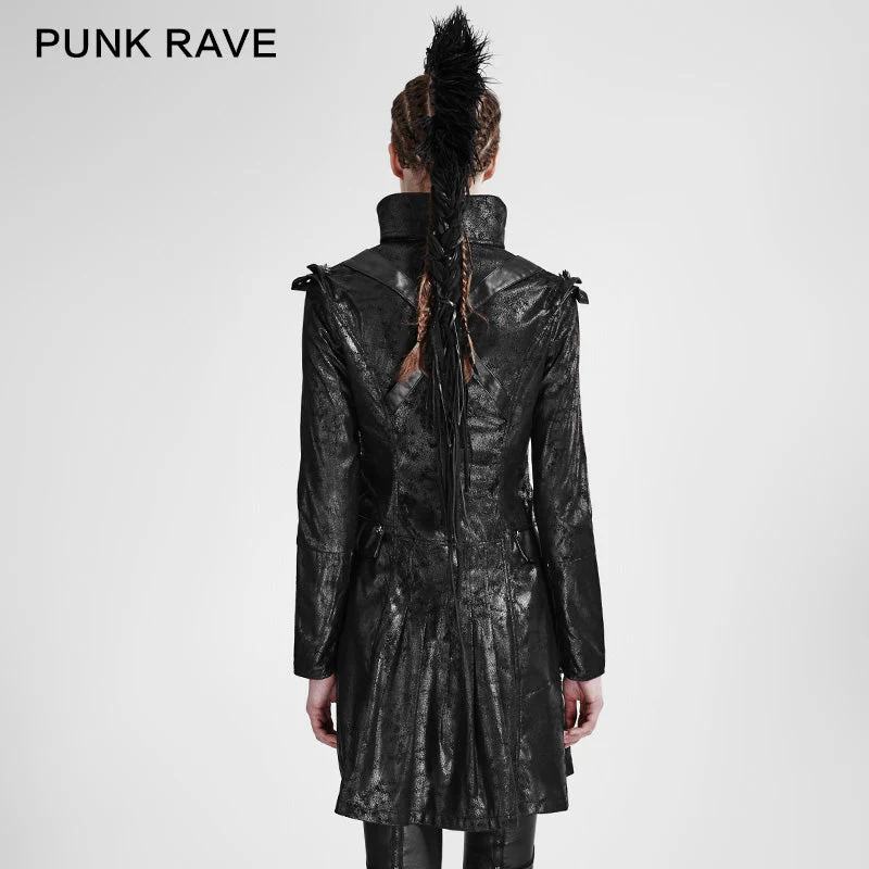 Y-366 Fashion black Long Leather Punk Trench Coats With Standing Collar - Image 3