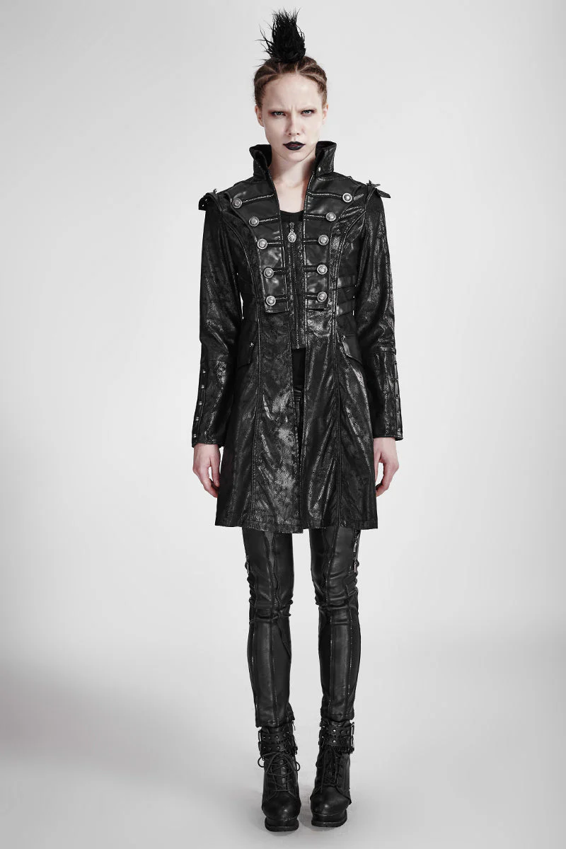 Y-366 Fashion black Long Leather Punk Trench Coats With Standing Collar - Image 6