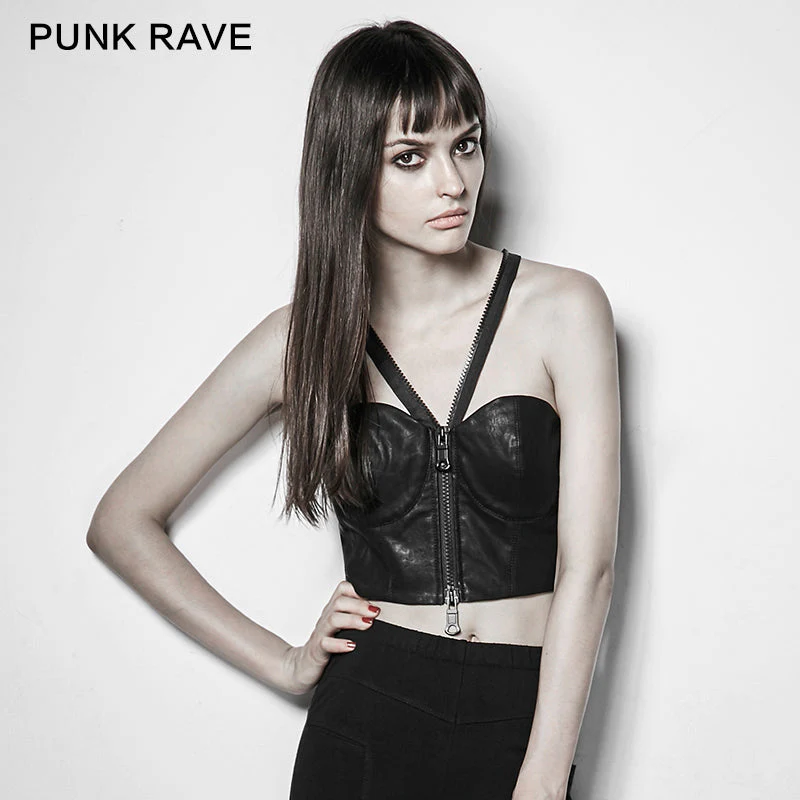 PY-198 Fashion black Sexy Women Laced Zipper Up Leather Punk Vest