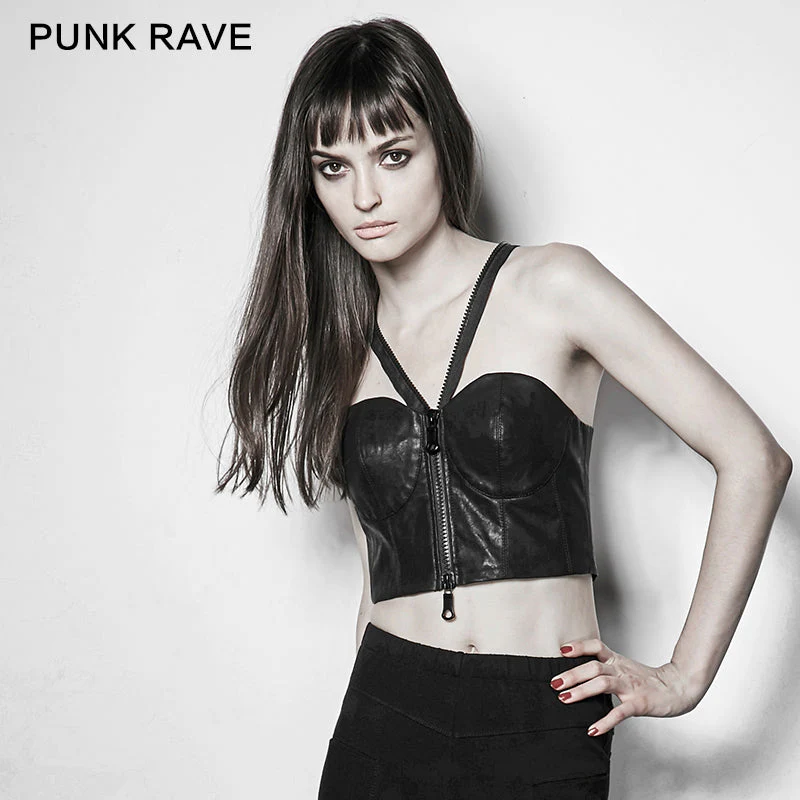 PY-198 Fashion black Sexy Women Laced Zipper Up Leather Punk Vest - Image 2