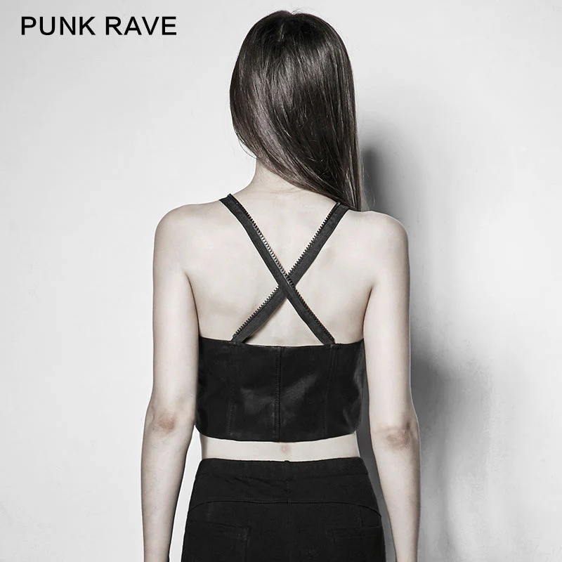 PY-198 Fashion black Sexy Women Laced Zipper Up Leather Punk Vest - Image 3