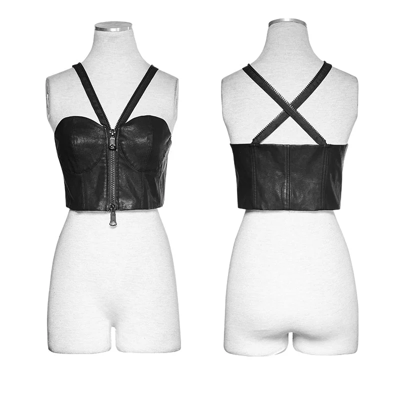 PY-198 Fashion black Sexy Women Laced Zipper Up Leather Punk Vest - Image 4