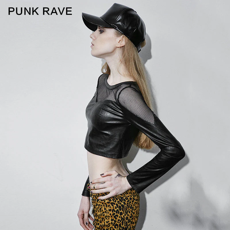 T-410 Fashion Old Skull Long Sleeve Mesh Fabric Leather Punk Shirts - Image 3