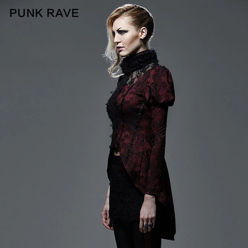 Y-585 Fashion Red Lace Skinny Gothic Trench Coats - Image 3