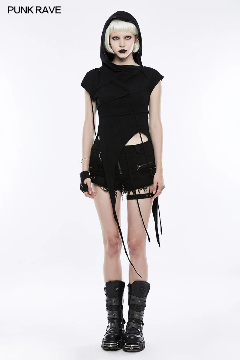 OPT-153 Fashion Slant Hat Mosaic Punk T-shirt Irregular Top - Image 6