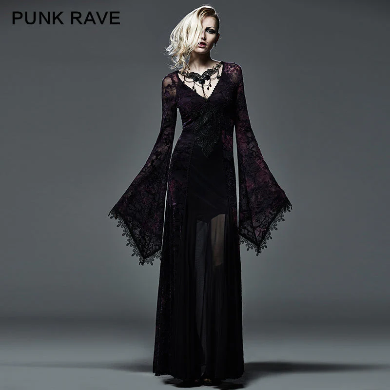 Q-265 Flocking Long Tight Sexy Dark Violet Color Slinky Gothic Dresses