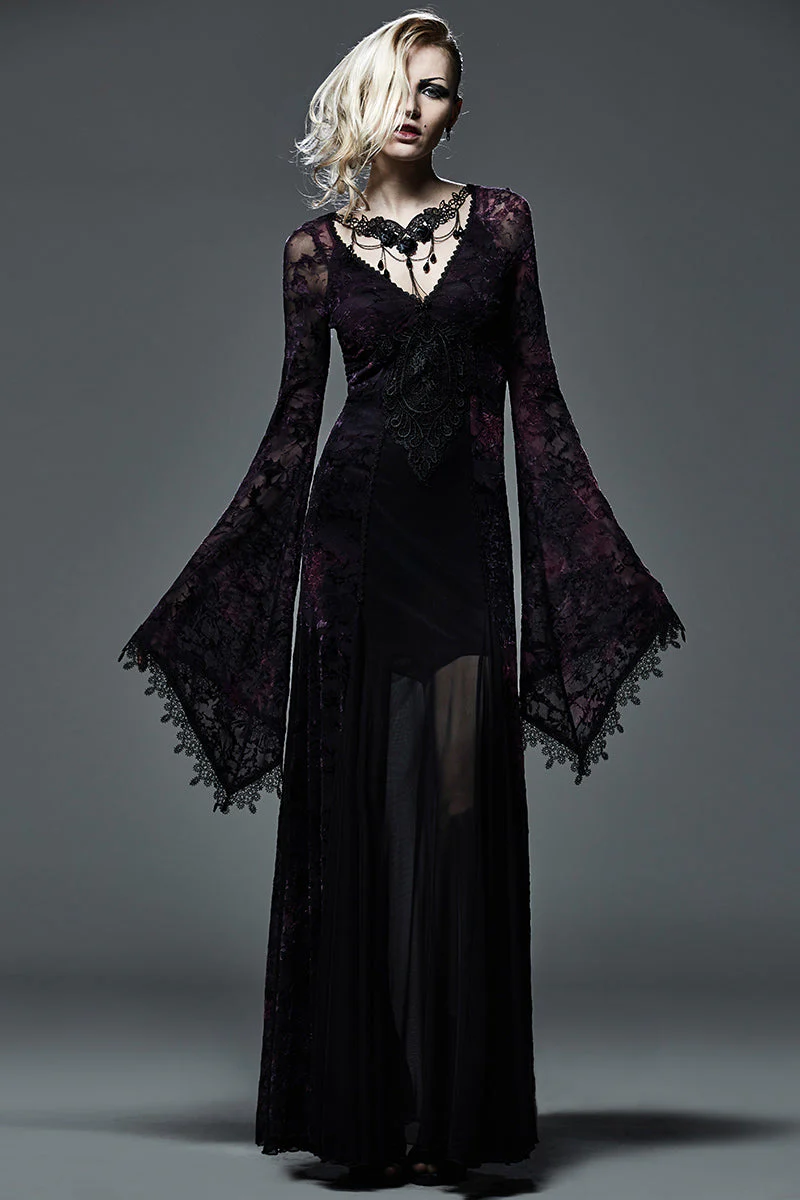 Q-265 Flocking Long Tight Sexy Dark Violet Color Slinky Gothic Dresses - Image 6