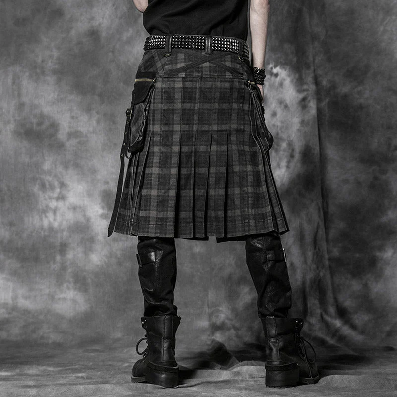 Q-225 Gingham Man Above-the-knee Sheath black Punk Skirt - Image 3
