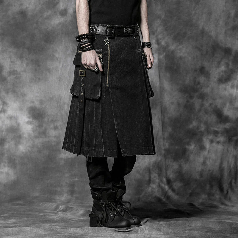 Q-225 Gingham Man Above-the-knee Sheath black Punk Skirt - Image 7