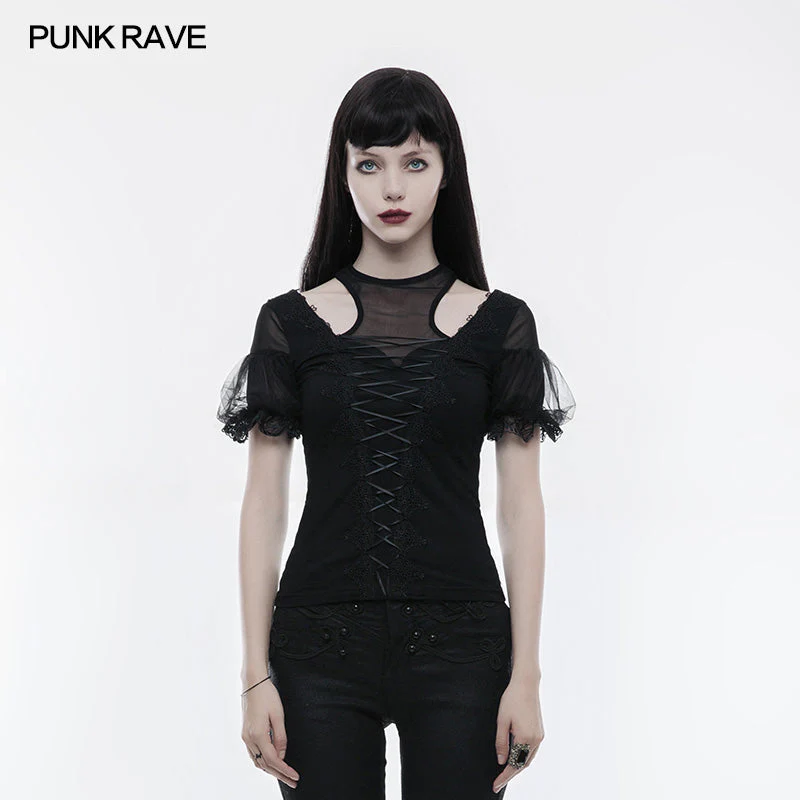 WT-490 Gorgeous Stretch Blouse Short Sleeve Gothic T-shirt With Lace