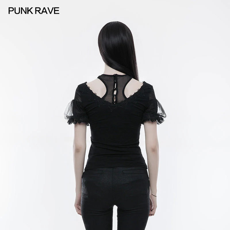 WT-490 Gorgeous Stretch Blouse Short Sleeve Gothic T-shirt With Lace - Image 3