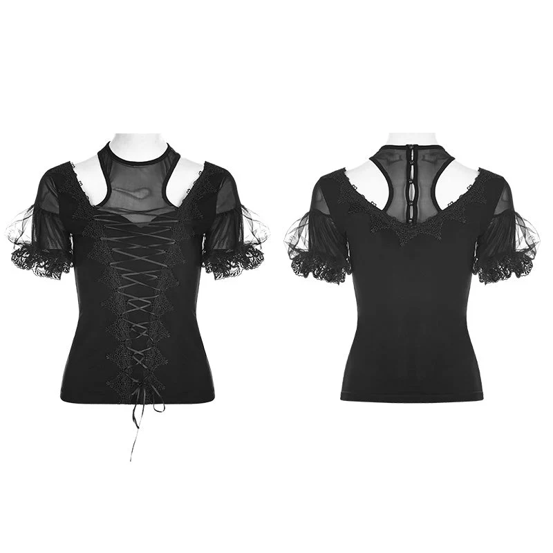 WT-490 Gorgeous Stretch Blouse Short Sleeve Gothic T-shirt With Lace - Image 4