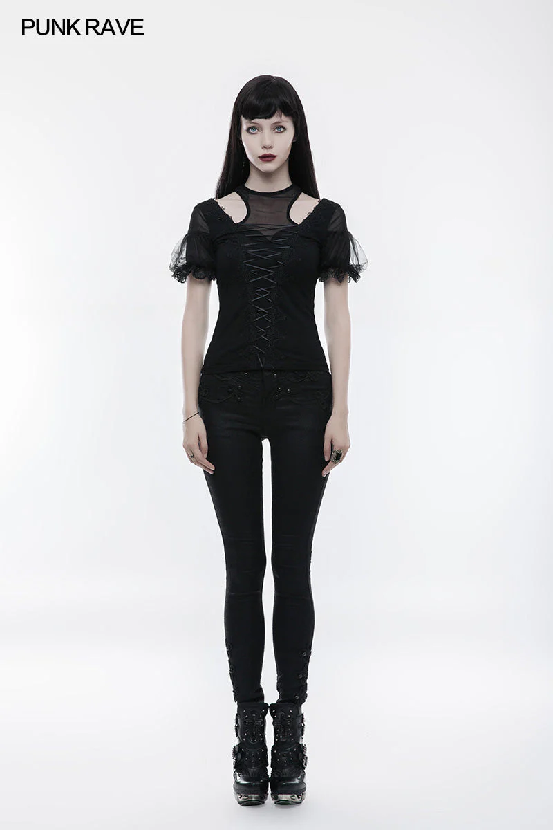 WT-490 Gorgeous Stretch Blouse Short Sleeve Gothic T-shirt With Lace - Image 6