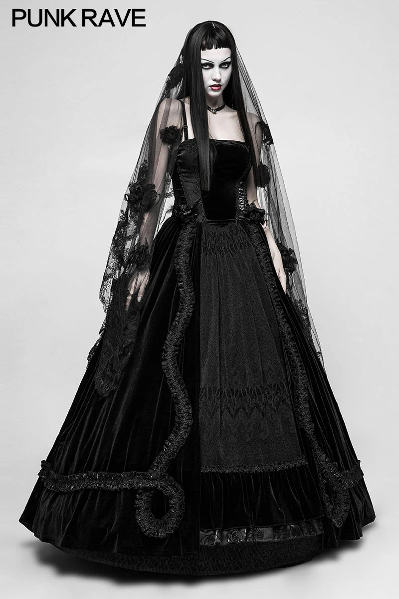 Q-339 Gorgeous Velvet Lace Long black Gothic Dress For Women - Image 6