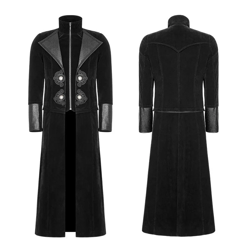 WY-949 Gorgeous Velvet Long Punk Jacket Detachable Fake Two-Piece Coat For Men - Image 4